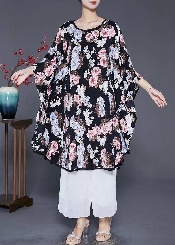 off-shoulder dressUnique Black Oversized Print Ice Silk Dresses Batwing Sleeve