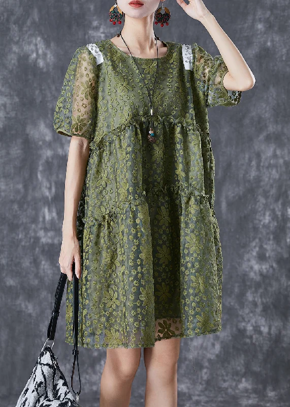 A-line dressFrench Army Green Embroideried Ruffled Tulle Vacation Dresses Summer