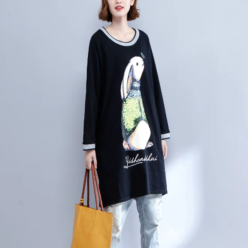 long-sleeve floral dress2024 new black cotton dresses baggy fit o neck casual dresses animal prints