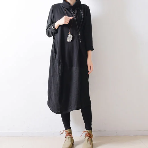 shift dress2024 autumn black shoulder zipper linen dresses cotton patchwork caftans  plus size gowns