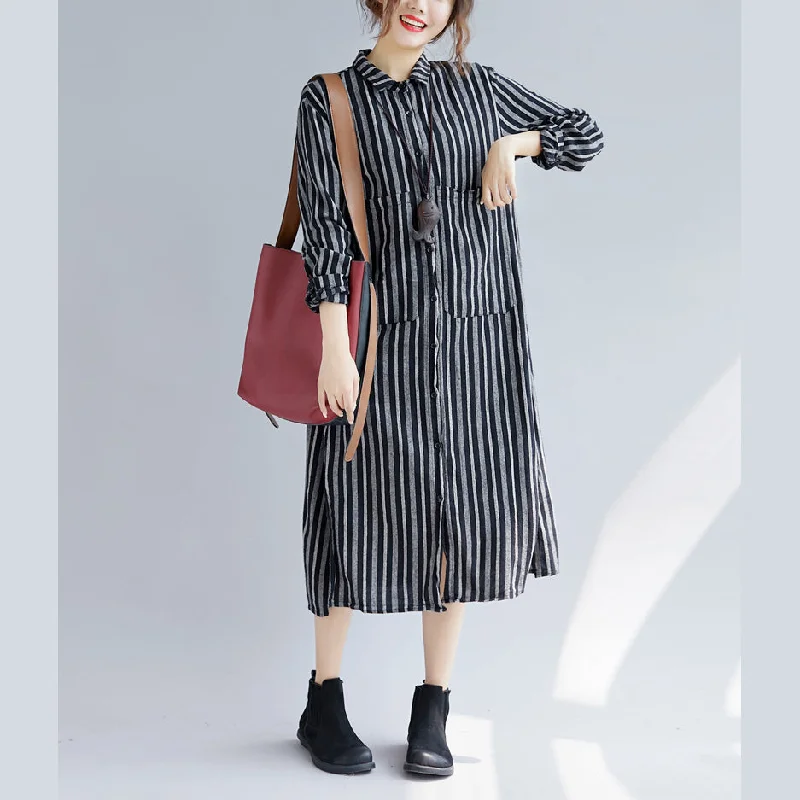 v-neck dressFine black striped natural cotton linen shirt dress plus size Turn-down Collar side open Fine long sleeve pockets maxi shirt dresses