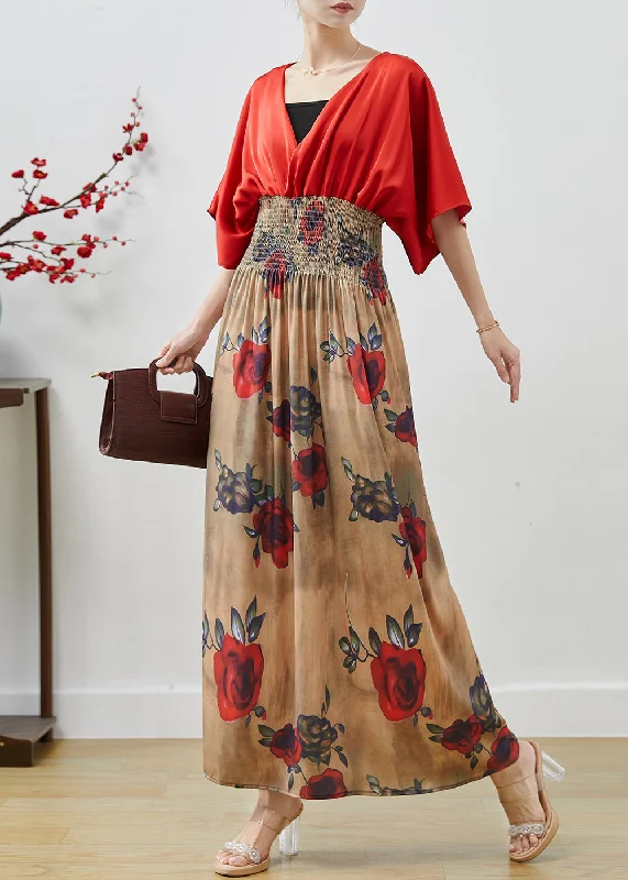 v-neck dressElegant Red Elastic Waist Patchwork Chiffon Dress Summer