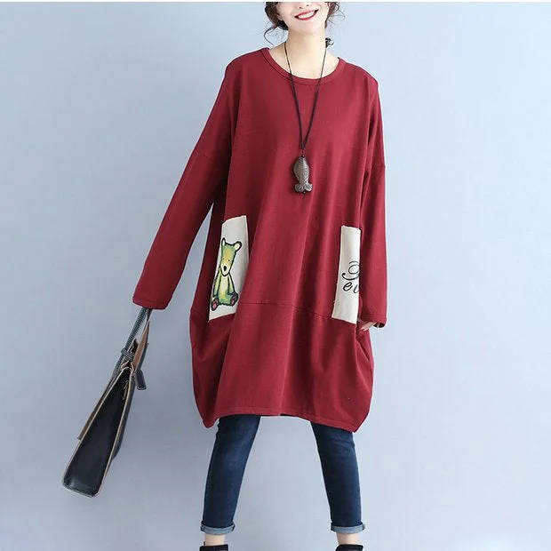 long sleeve dresssolid cotton pockets prints burgundy casual dresses oversize o neck mid dress