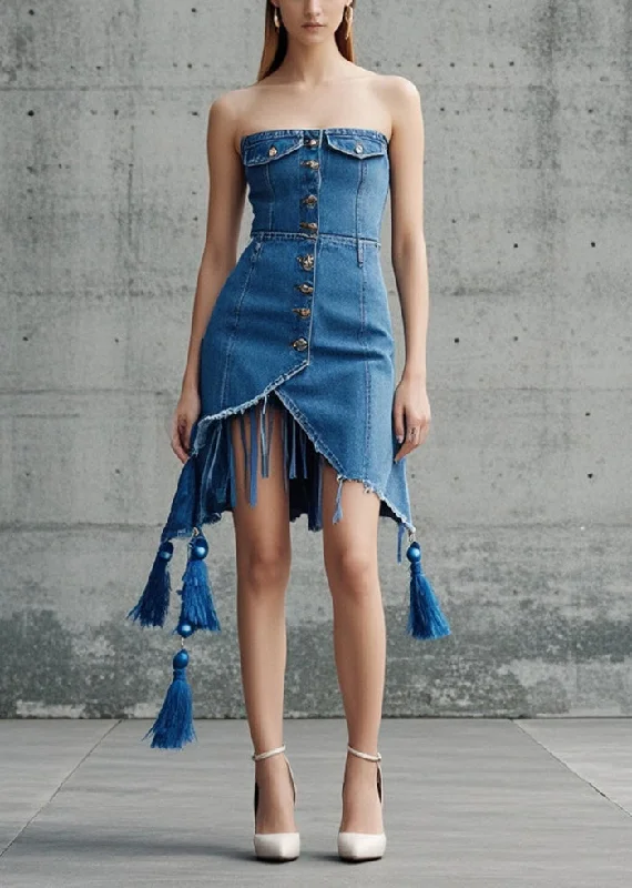 floral dressWomen Blue Tasseled Asymmetrical Design Denim Day Strapless Dress Summer