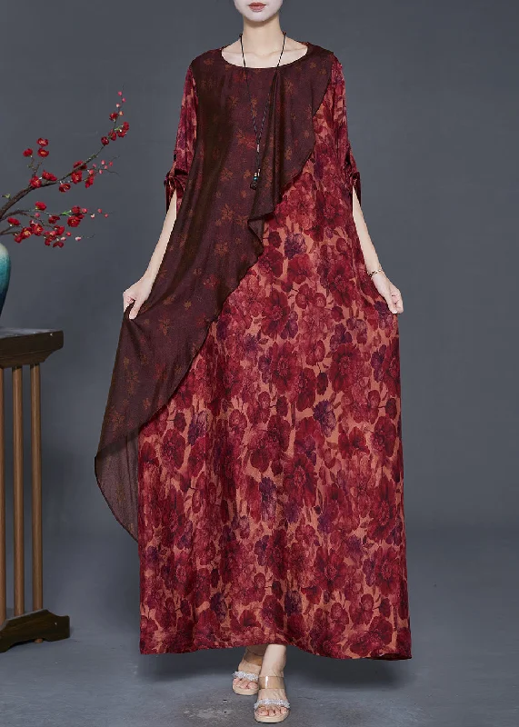 evening dressPlus Size Red Asymmetrical Print Silk Robe Dresses Spring