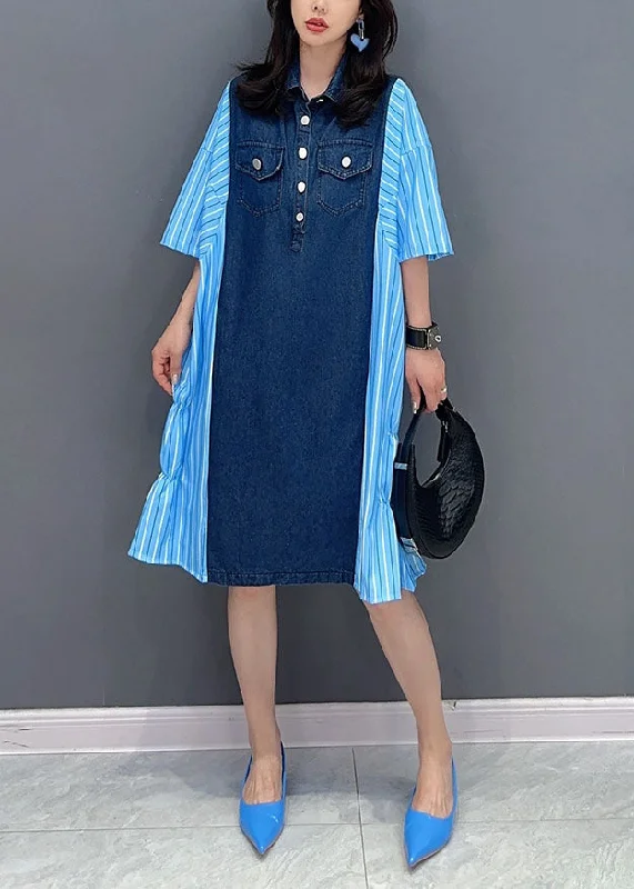 party-ready dressItalian Blue Striped Denim Patchwork Cotton Shirts Dresses Summer