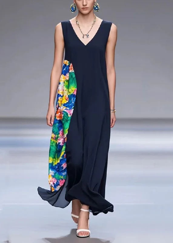 summer floral dressElegant Black Asymmetrical Patchwork Chiffon Dresses Summer