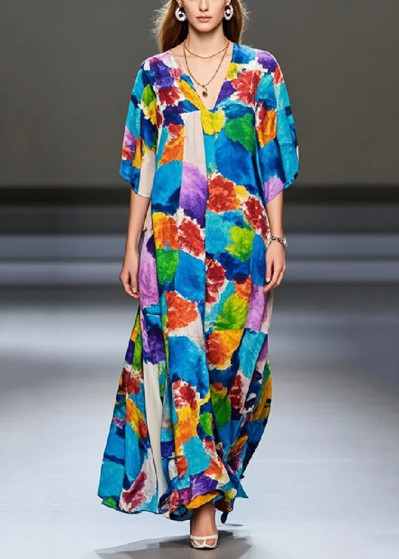 A-line dressModern Blue Oversized Print Chiffon Long Dresses Summer