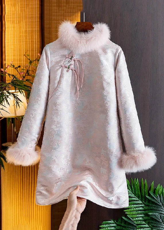 stylish party dressClassy Pink Fur Collar Button Patchwork Cotton Filled Mid Dress Spring