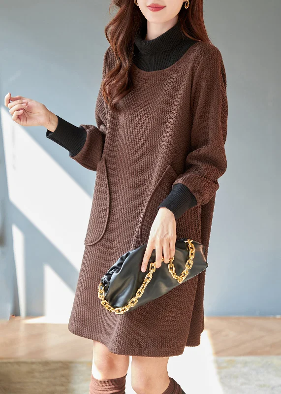 romantic dressClassy Chocolate High Neck Patchwork Thick Knit Dress Spring