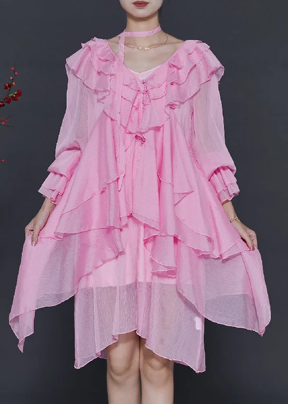 comfy dressStylish Pink Asymmetrical Ruffles Chiffon Mid Dress Spring