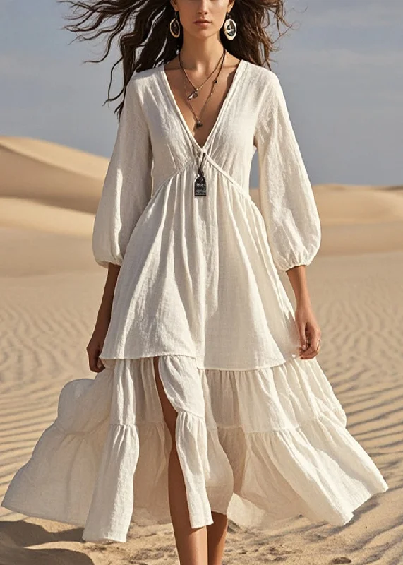 lace-up dressWhite Patchwork Cotton Maxi Dress Side Open Bracelet Sleeve