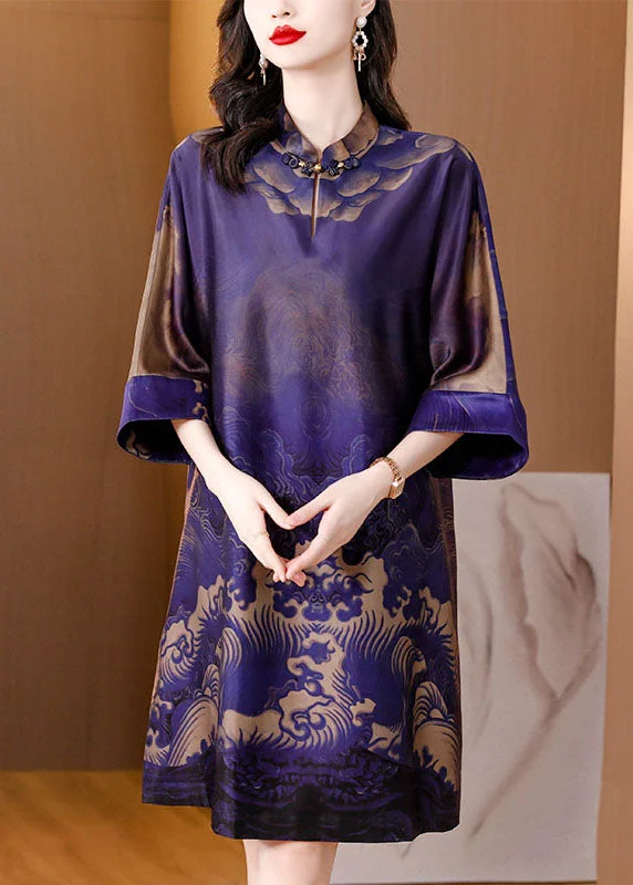 long-sleeve floral dressVintage Purple Stand Collar Print Patchwork Silk Mid Dress Summer