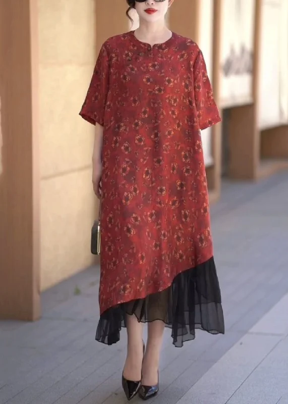 structured dressHandmade Red O-Neck Asymmetrical Patchwork Silk Linen Long Dress Half Sleeve