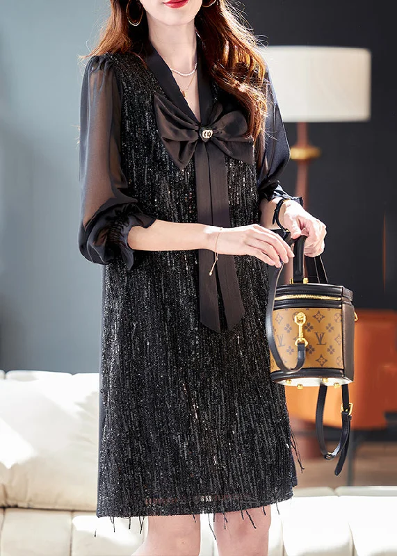 bohemian dressArt Black Bow Patchwork Sequins Chiffon Mid Dress Spring