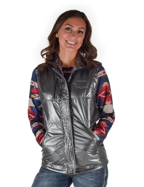 insulated winter jacketCowgirl Tuff Womens Midweight Logo Silver 100% Polyester Softshell Vest