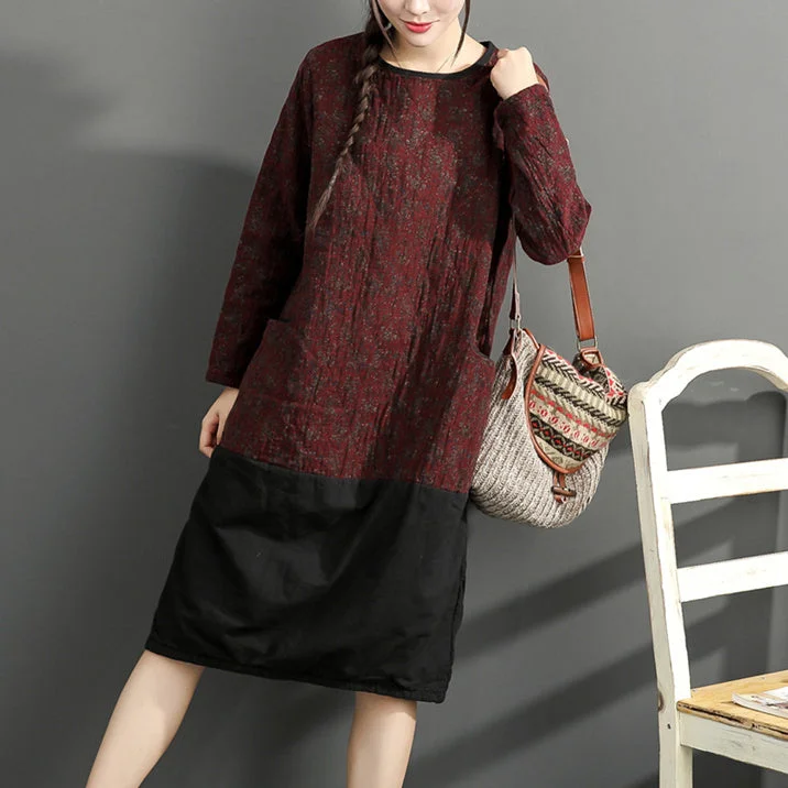 lace dresswarm winter cotton outfits red prints casual plus size dresses patchwork o neck casual dress