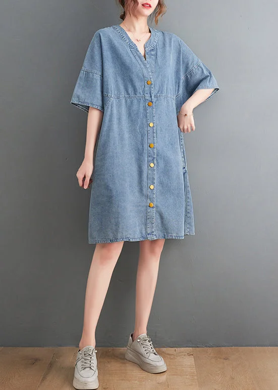 casual slip dressClassy Light Blue V Neck Oversized Denim Dress Summer