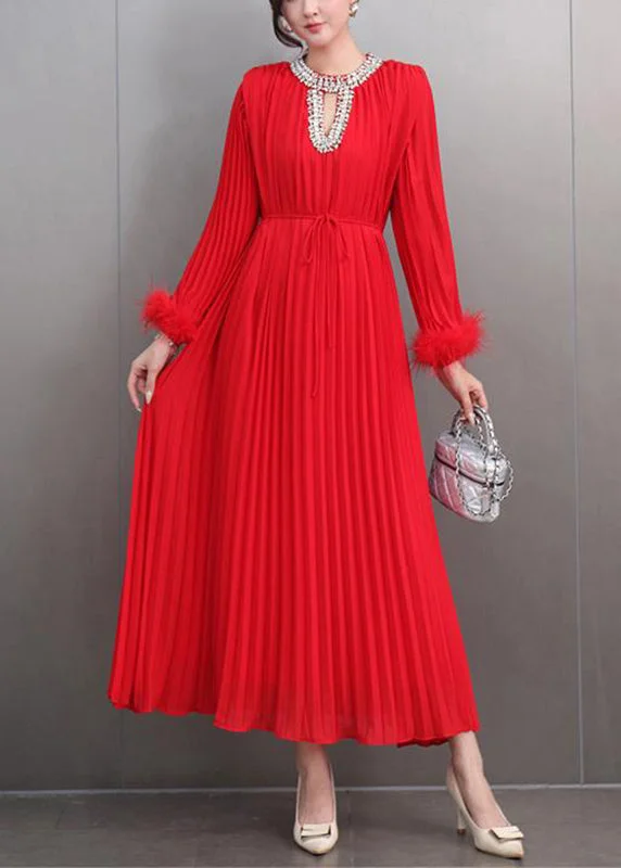 ashionable dressItalian Red O-Neck Wrinkled Patchwork Zircon Maxi Dresses Spring