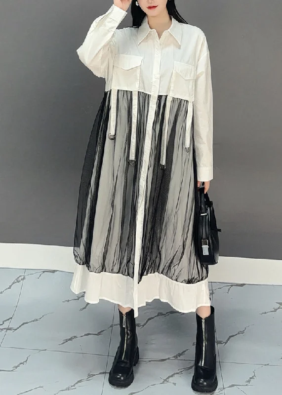 ruffle dressChic White Peter Pan Collar Asymmetrical Patchwork Long Shirts Dress Spring