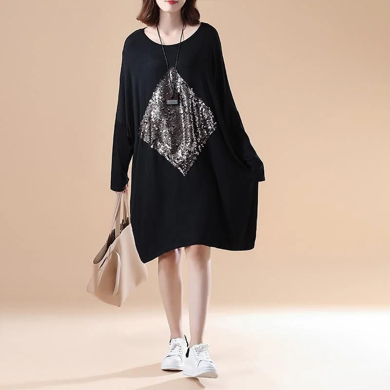 satin midi dressfall fashion black solid cotton dresses oversize long sleeve prints dress