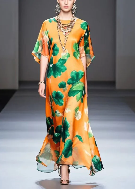 floral dressBeautiful Orange Oversized Print Silk Maxi Dress Summer