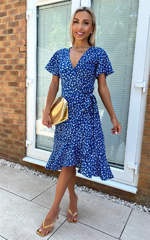 casual summer dressBlue Floral Print Midi Wrap Dress with Angel Sleeves and Frill Hem