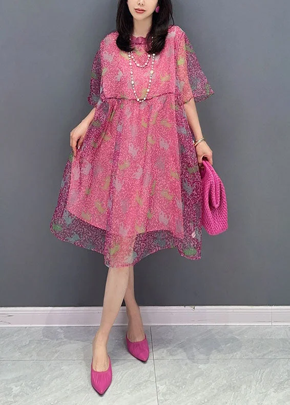 casual evening dressStyle Rose O Neck Wrinkled Patchwork False Two Pieces Tulle Mid Dress Summer