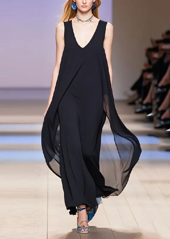 off-the-shoulder dressFrench Black Oversized Draping Chiffon Maxi Dresses Sleeveless