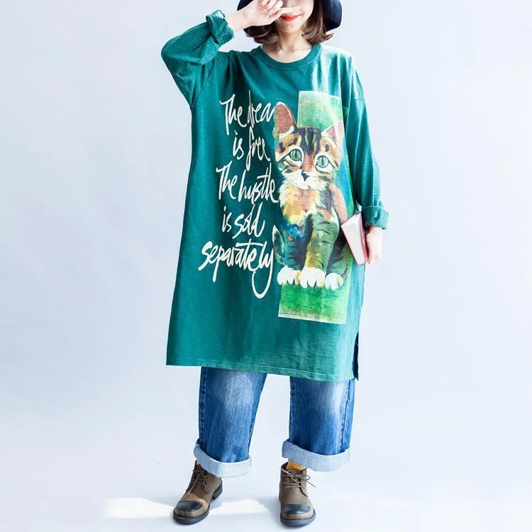 spaghetti strap dressPure cotton green cat print oversized dresses plus size causal jumpers