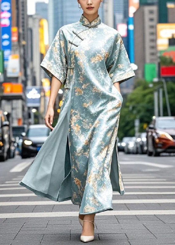 floral wrap dressChinese Style Sky Blue Print Side Open Silk Dress Summer