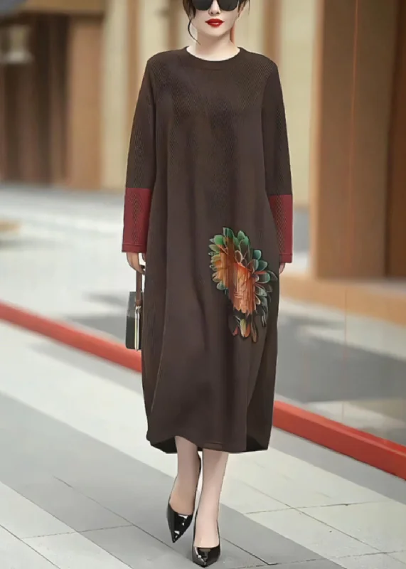 elegant dressNew Coffee O Neck Patchwork Knit Long Dress Winter