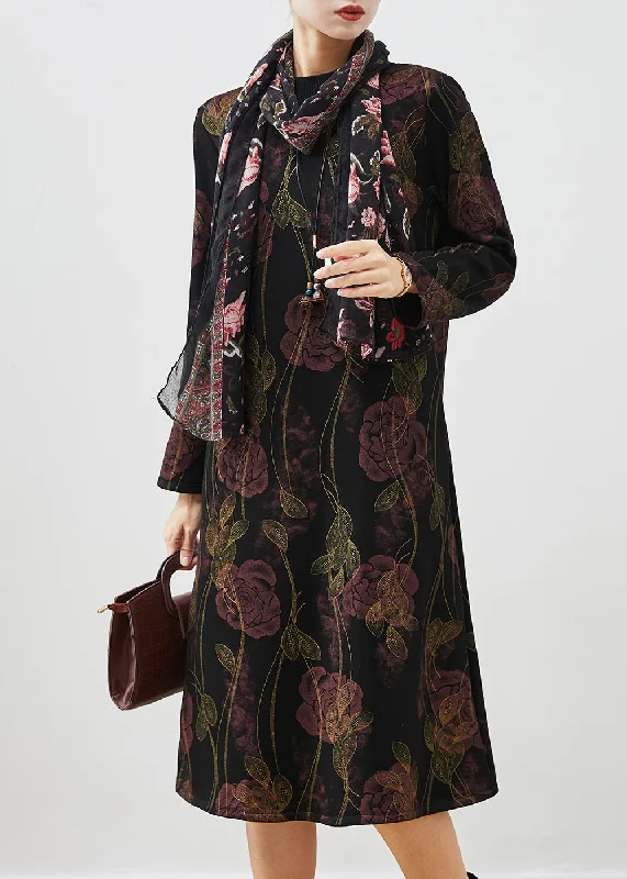 floral wrap dressHandmade Black Floral Warm Fleece Maxi Dresses Spring