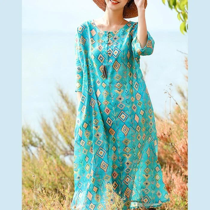 stylish dressfine blue print natural linen dress plus size clothing o neck linen maxi dress vintage half sleeve baggy dresses