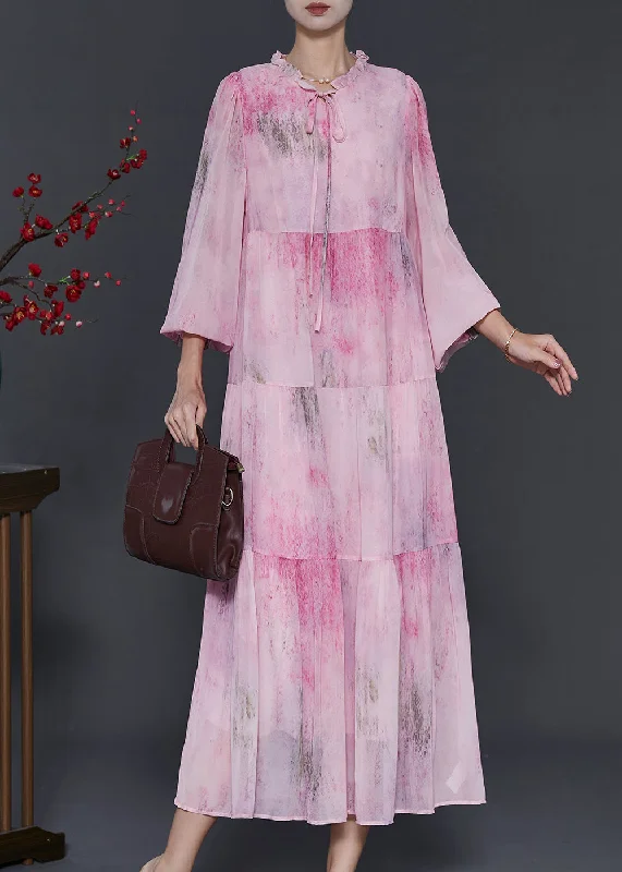 vintage-inspired dressBohemian Pink Ruffled Tie Dye Chiffon Maxi Dress Spring