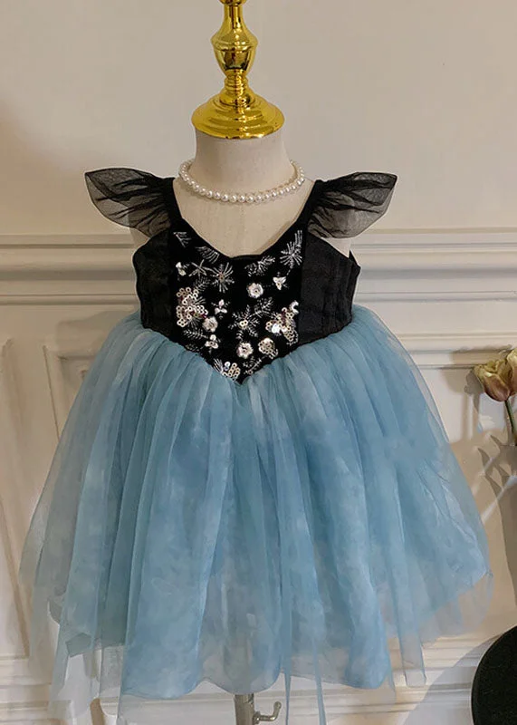 flowy evening dressStylish Blue Embroideried Wrinkled Patchwork Tulle Kids Girls Dress Sleeveless