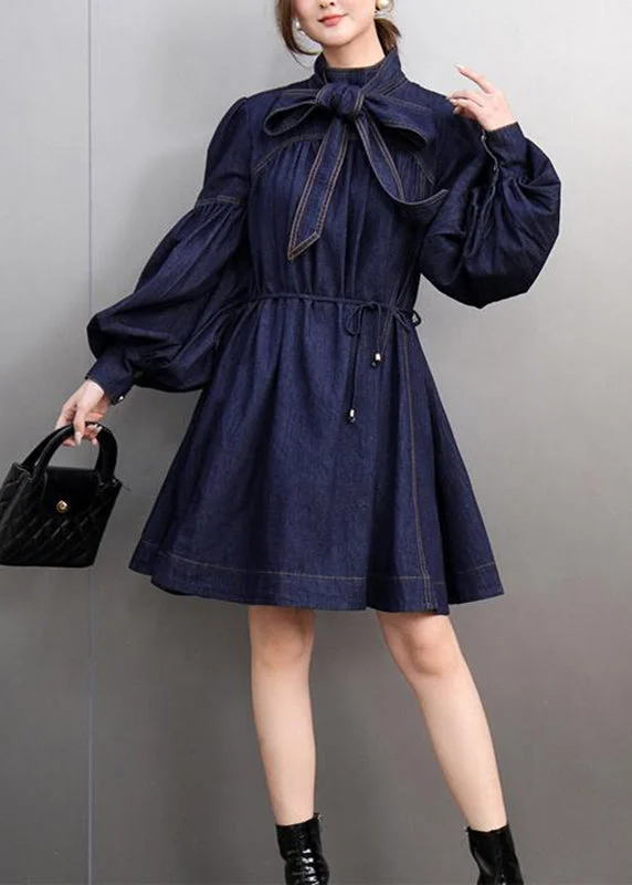 off-shoulder dressNatural Navy Bow Patchwork Denim Mid Dress Lantern Sleeve