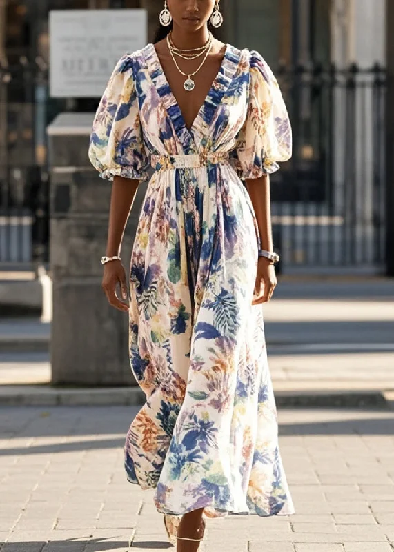 formal dressHandmade Puff Sleeve Print Chiffon Cinched Sundress