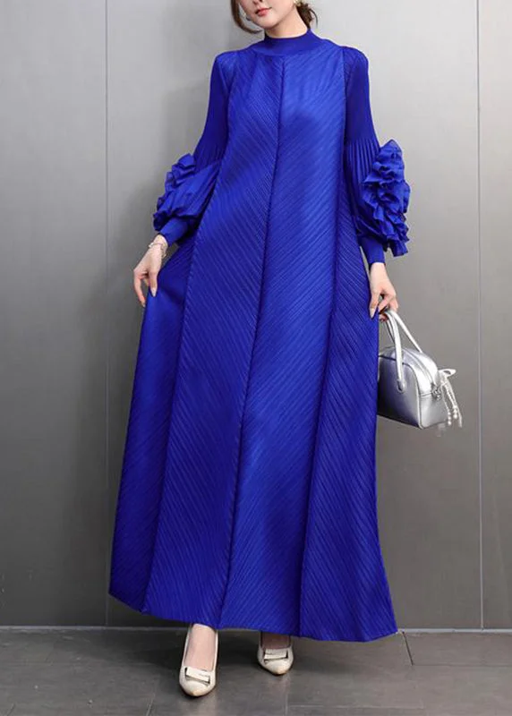 midi dressClassy Blue Turtleneck Wrinkled Maxi Dress Petal Sleeve