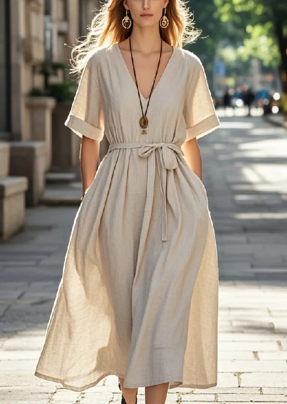 elegant maxi dressWomen Apricot Tie Waist Cotton Long Dresses Summer