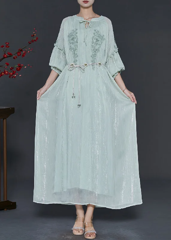 flowy dressUnique Blue Embroidered Tie Waist Chiffon Holiday Dress Spring