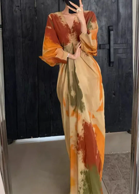 elegant shift dressChinese Style Orange V Neck Tie Dye Maxi Dress Spring