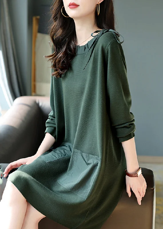 ashionable dressFashion Blackish Green Oversized Drawstring Cotton Dress Spring