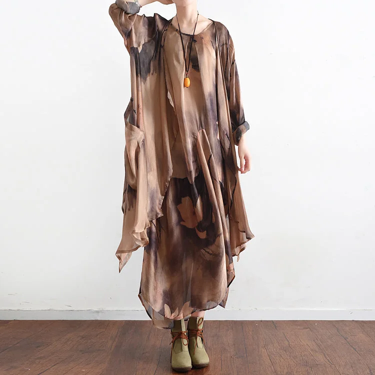 casual evening dress2024 fall khaki print silk dresses flowy baggy caftans two pieces