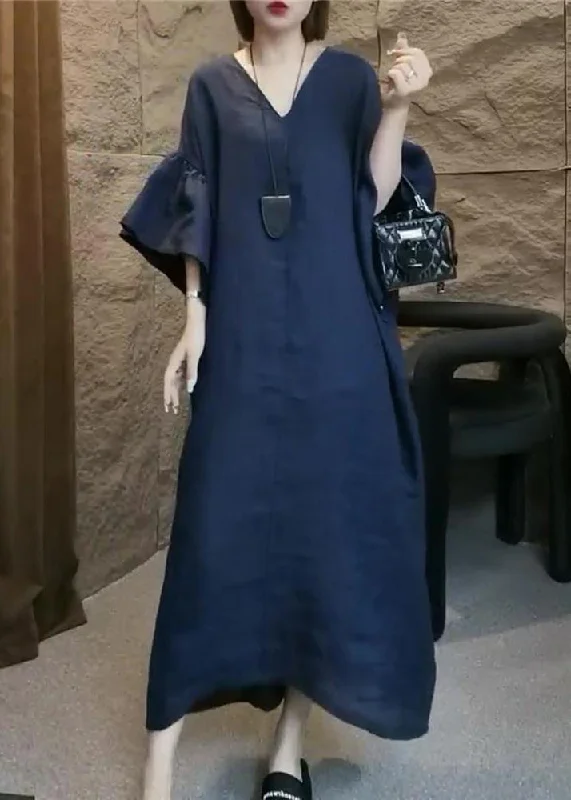 mini dressPlus Size Navy V Neck Solid Linen Long Dress Flare Sleeve