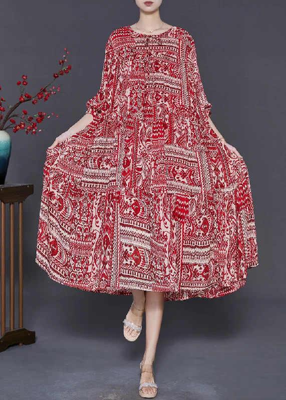 casual evening dressWomen Red Oversized Print Chiffon Robe Dresses Spring