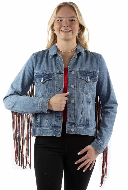 long coatScully Womens Americana Denim Fringe Red/White/Blue Cotton Blend Cotton Jacket