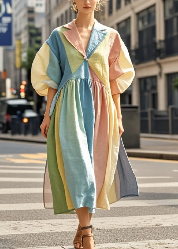 ashionable dressStyle Colorblock Notched Collar Striped Cotton Dress Puff Sleeve