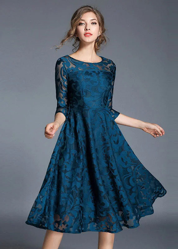 mini dressWomen Blue Jacquard Wrinkled Patchwork Lace Mid Dress Summer