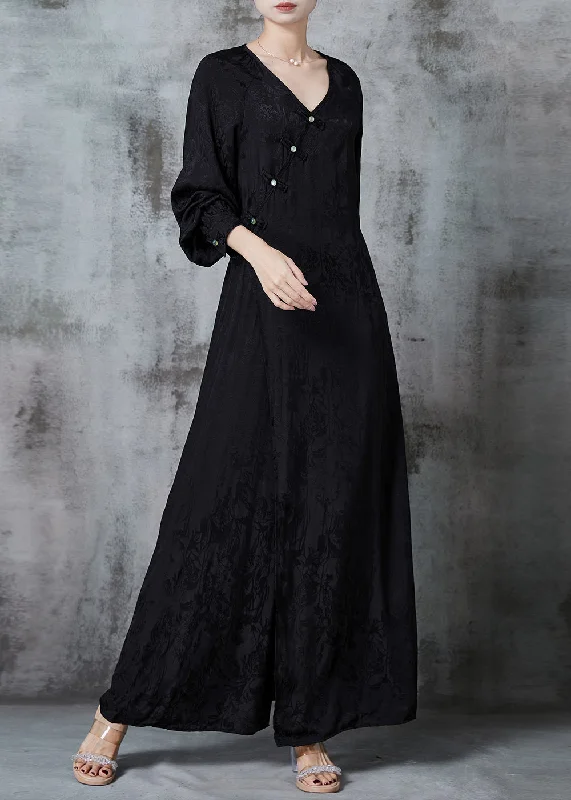 wool dressHandmade Black Jacquard Chinese Button Silk Dress Spring